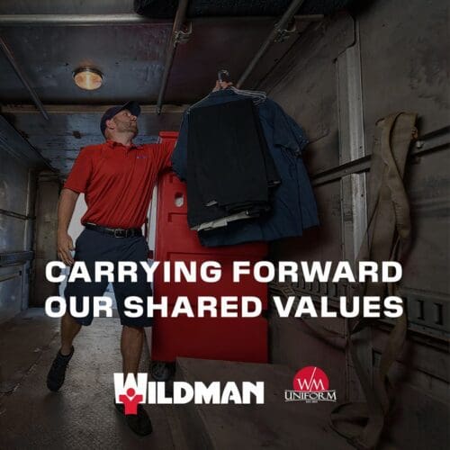 An image of a man hanging laundry with the text "Carrying forward our shared values"