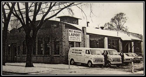 A black and white photo of West Michigan Laundry